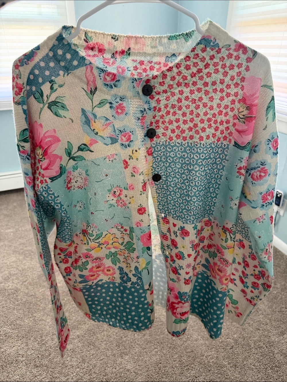 Floral Patchwork Knit Cardigan in Aqua and Pink